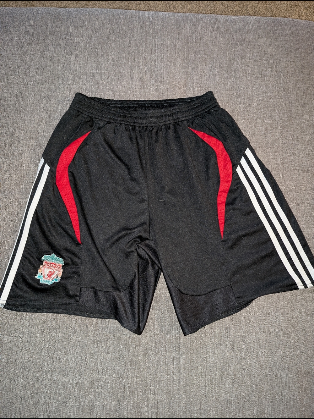 Liverpool Black Athletic Shorts with Red Accents and White Stripes